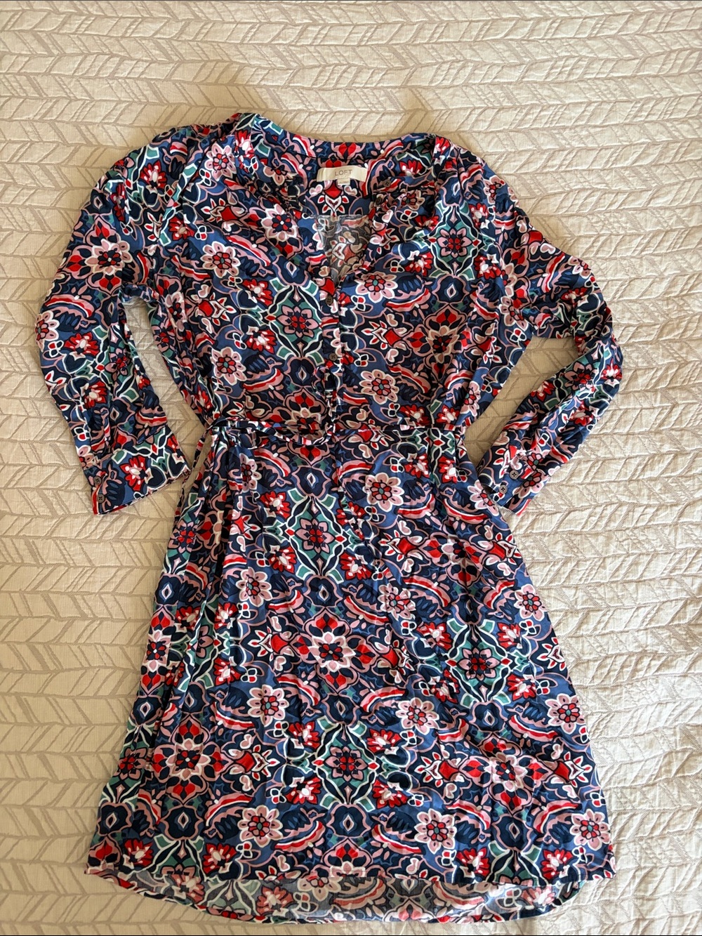 Loft Women's Navy Floral Long-Sleeve Casual Dress- Large